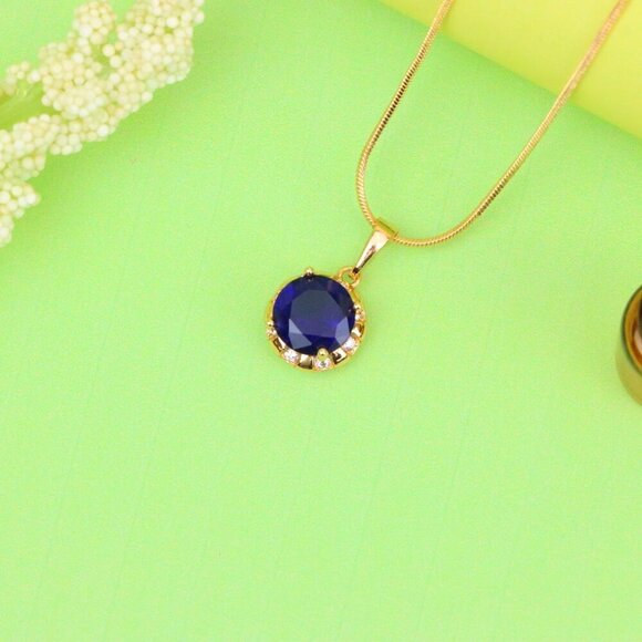 "Royal Blue Round Pendant with Sparkling Accents in Gold Finish, XPPT1647 - Picture 11 of 13